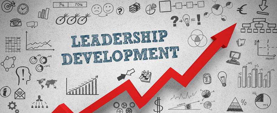 Leadership Development concepts with graphs and symbols banner.