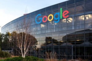 Google headquarters exterior with logo.